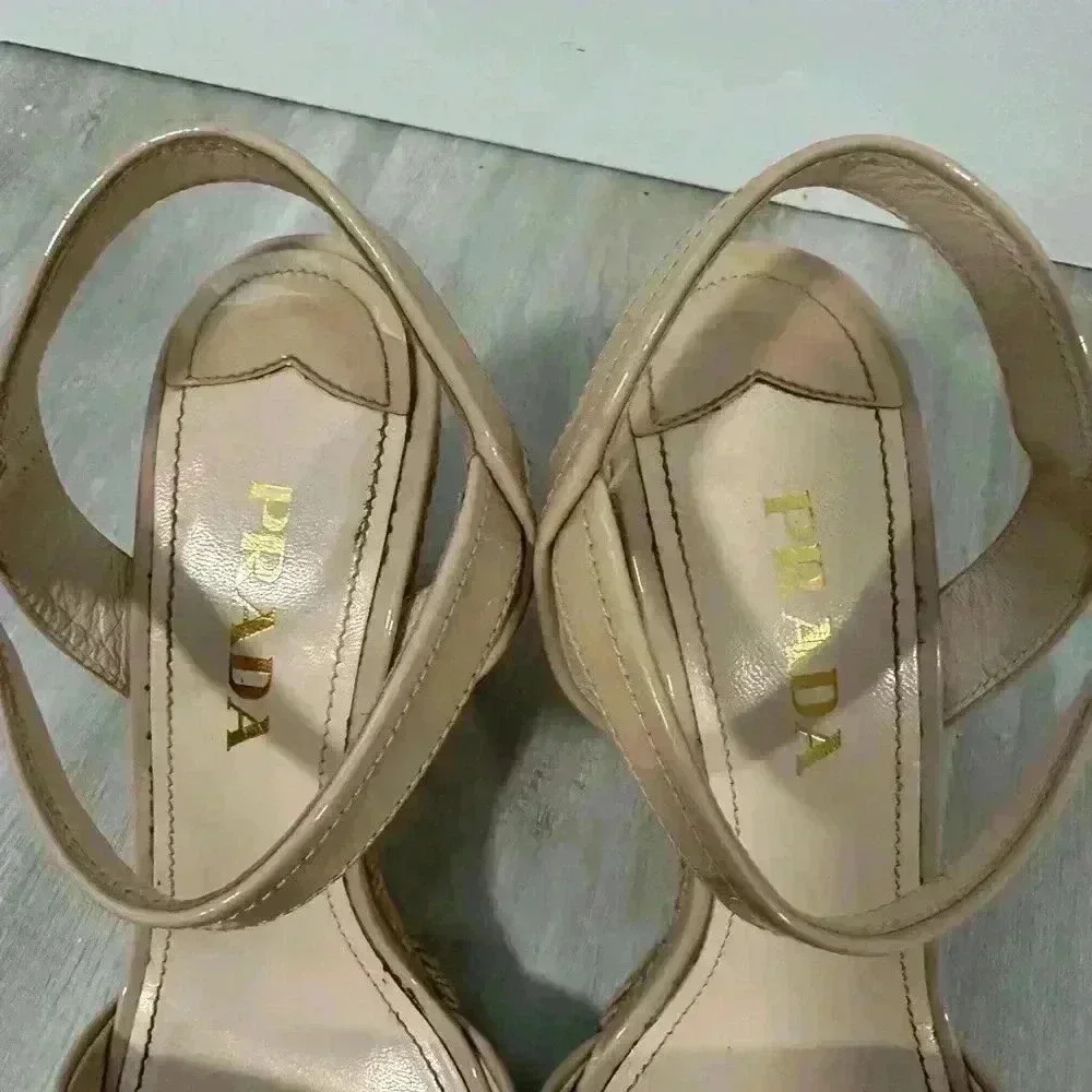 Prada Patent Leather Espadrille Wedge Sandals Beige Size 37 us 6.5